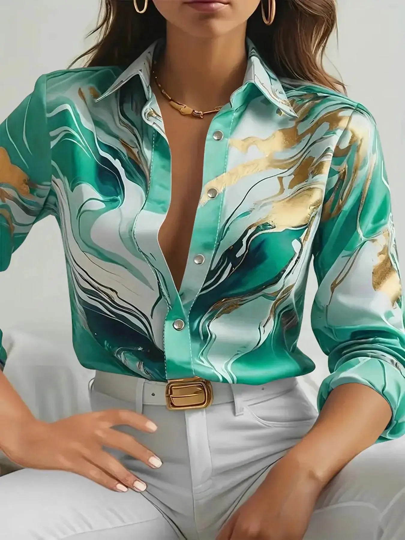 Women's Random Print Curved Hem Satin Shirt, Casual Long Sleeve Collared Top for Daily Wear, Ladies Clothes for All Seasons
