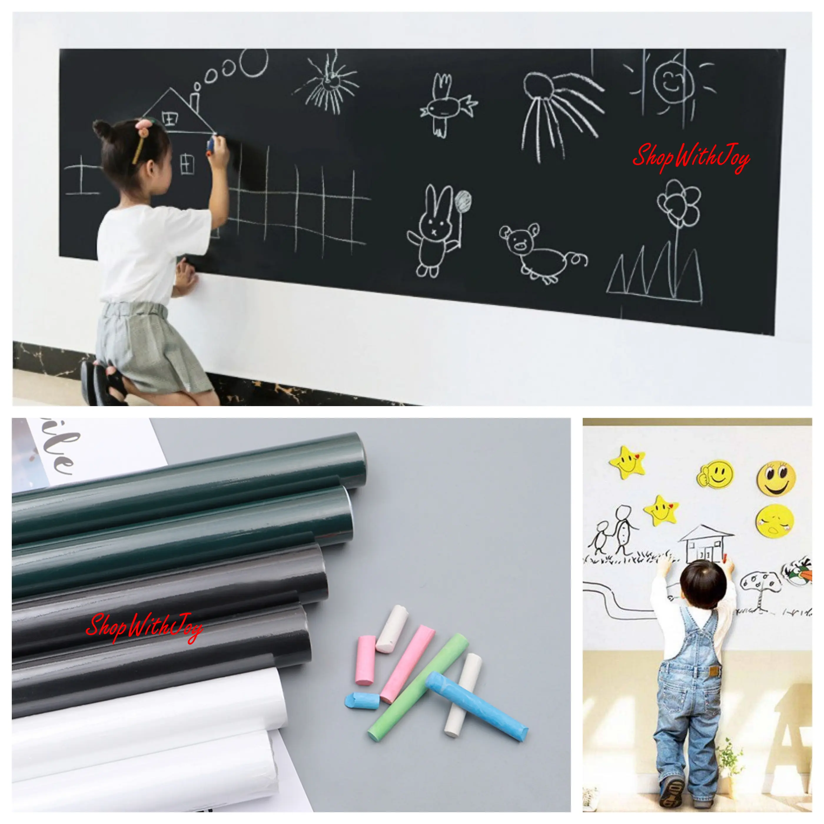 【ShopWithJoy】Removable Peel & Stick Whiteboard Blackboard Chalkboard Wall Sticker Adhesive Paper Wallpaper Papan Hitam dan Putih Stationery Office & Home