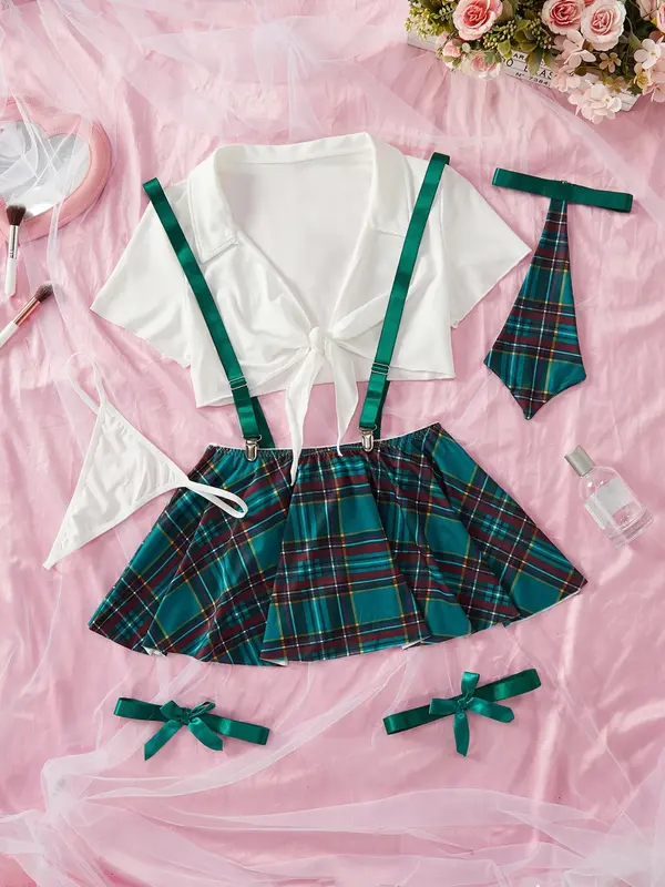 Women's Plain Knot Front Crop Top & Plaid Print Pleated Suspender Skirt & Thong & Tie & Bow Decor Thigh Band Set, Sexy Fit School Girl Adjustable Costume Set, Underwear Sets, Women's Lingerie & Underwear for All Seasons, Clothes, Womenswear, Cosplay 2