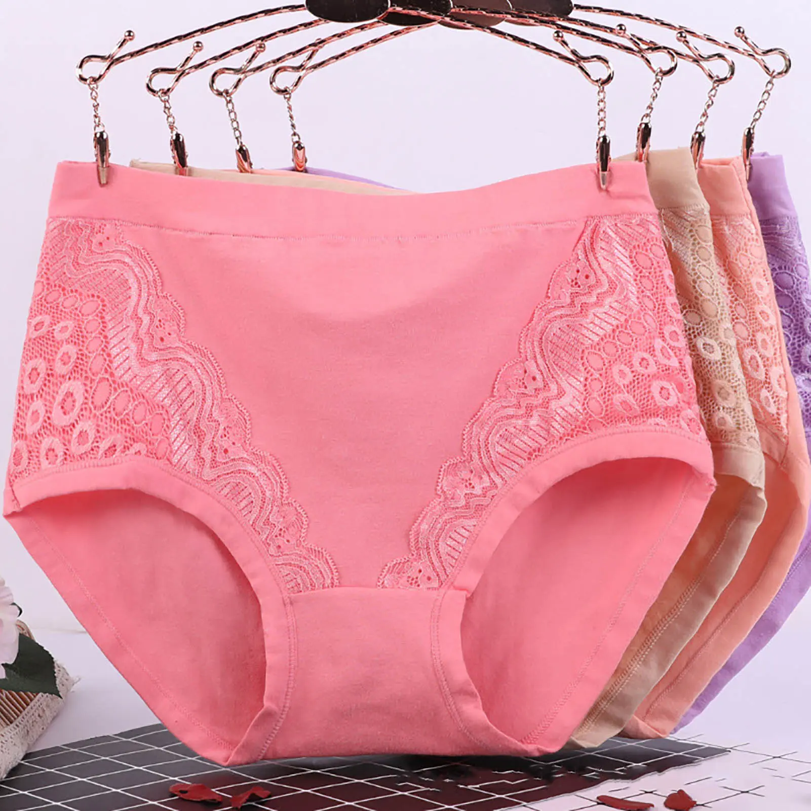 Menstruation Panties Lace High Waist Leak Proof Solid Color Close Fit Plus Size Cotton Crotch Obesity Briefs Middle Aged Panties Underwear for Daily Wear