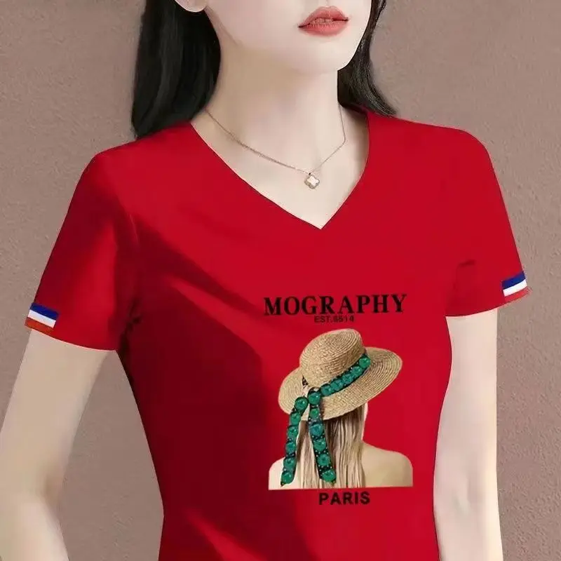 Áo Thun Ngắn Tay Cổ Chữ V Cho Nữ, Dáng Rộng Và Mỏng, Đa Năng, Thời Trang, Thường Ngày, Hàn Quốc, Nửa Tay, Mỏng, Cao Cấp, Áo Ins