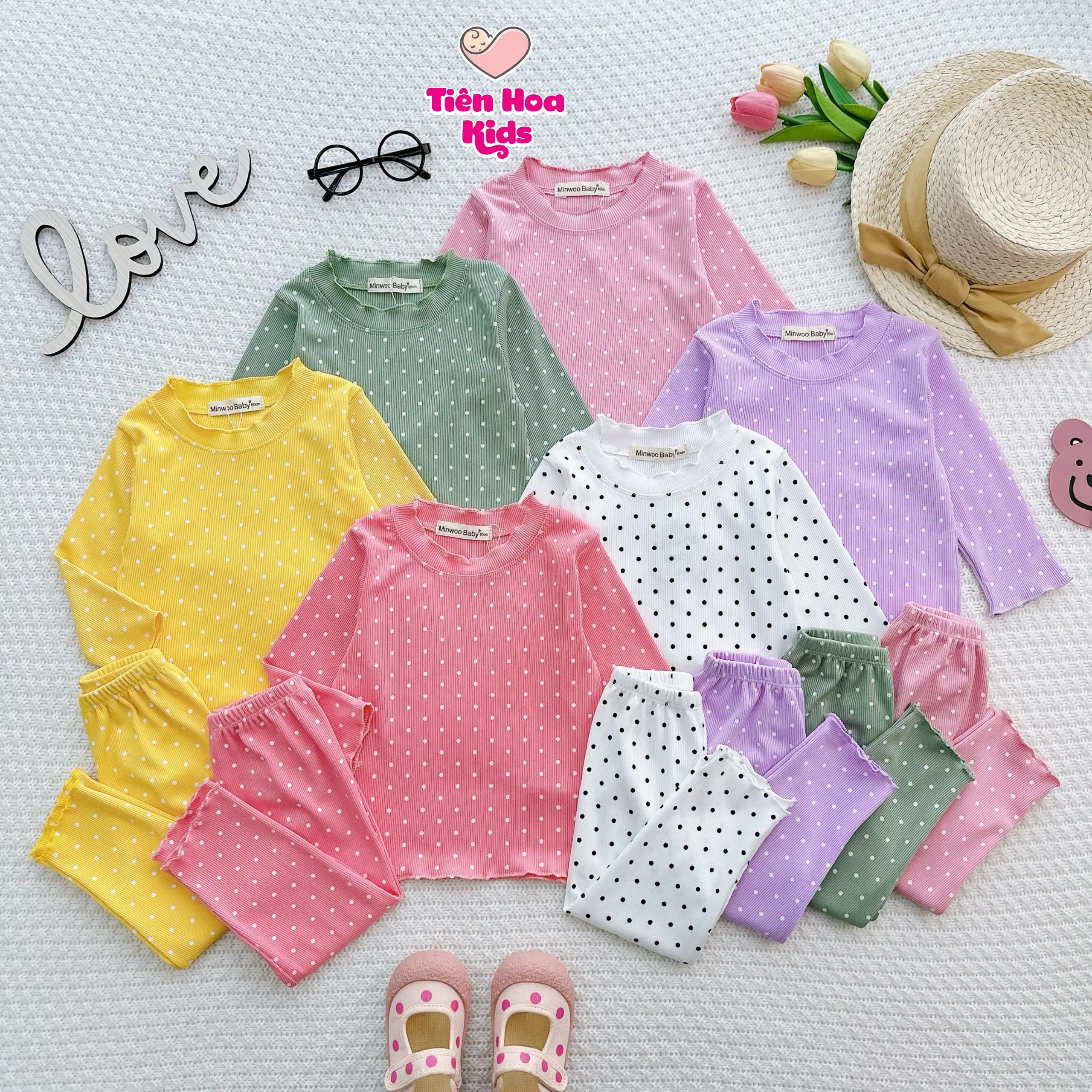 [Bé 7-19kg] Bộ quần áo dài tay cho bé gái cao tối đa 1m, chấm bi chất vải thun gân lụa mềm mịn mát cho bé mặc ngủ, đi học Voi Sandal Dép Sandal Cao Su