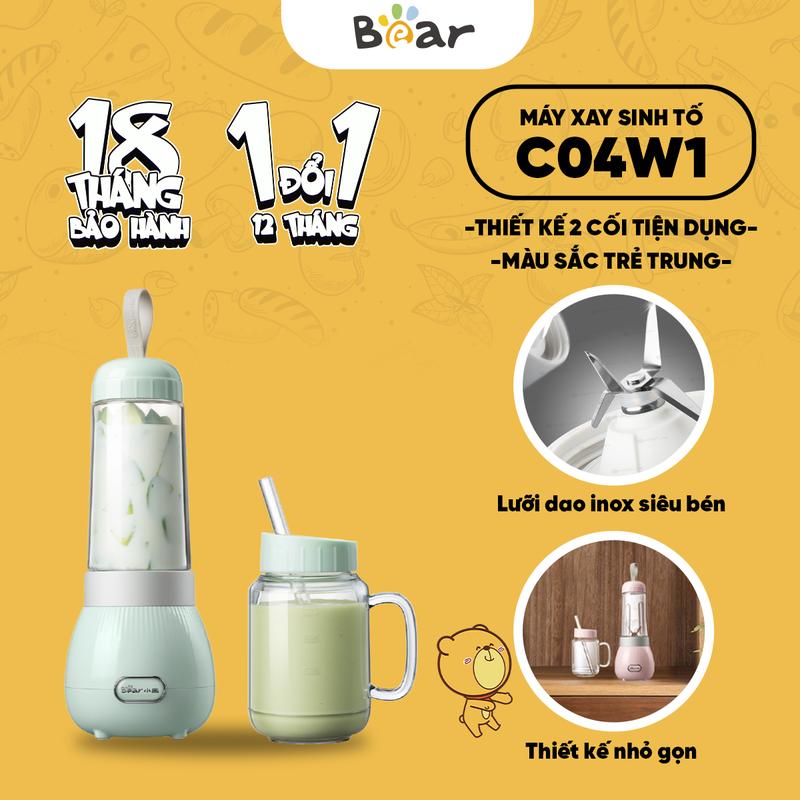 Máy xay sinh tố Bear LLJ-C04W1 - hai cốc rời linh hoạt - công suất 150W - lưỡi dao inox 304