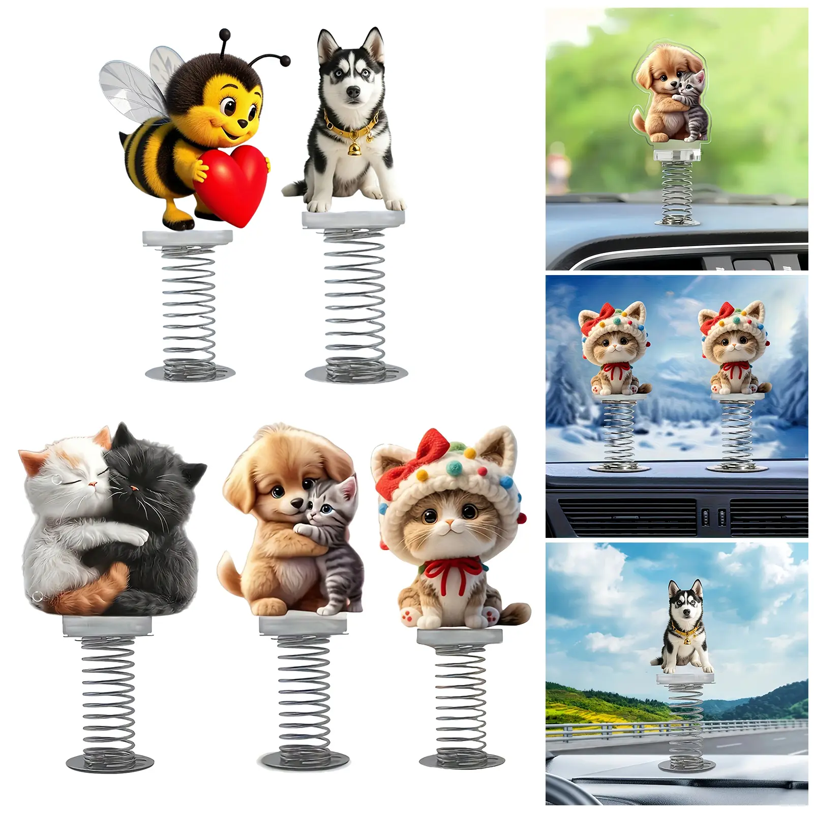 Tuwrea 2D Swing Animal Decoration with Spring Acrylic Flat Cartoon Cat Ornament Car Dashboard Decoration Animal for Office Desk Bicycle Handlebar