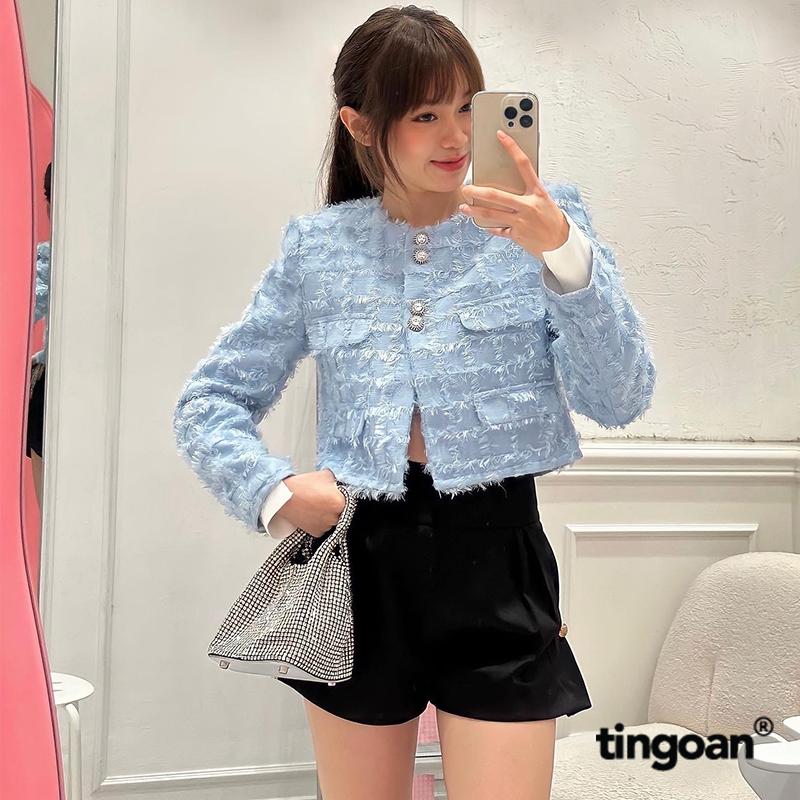 TINGOAN - Áo khoác tweed freesize lửng cổ tròn lông cúc đá lấp lánh 2 lớp xanh COTTON CANDY TWEED JACKET/BLUE