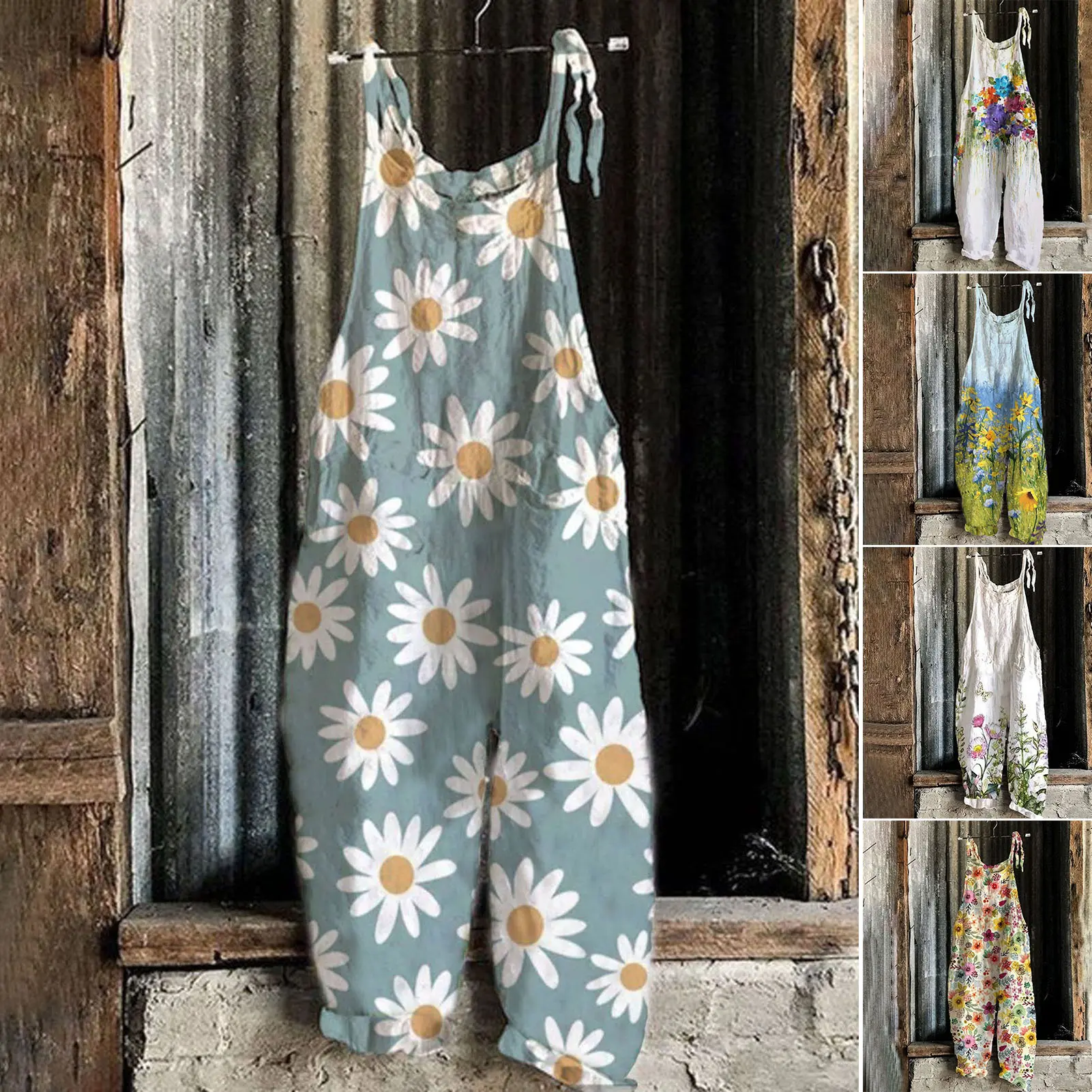 Kionjug Women Jumpsuit Flower Printed Sling Design Thin Summer Vintage Loose Floral Print Rompers for Party