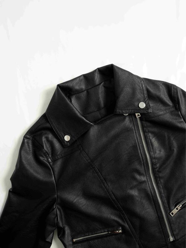 Women's Solid Color Lapel Collar Zipper PU Leather Crop Jacket, Street Fashion Long Sleeve Button Outerwear for Daily Outdoor Wear, Ladies Clothes for All Seasons 5