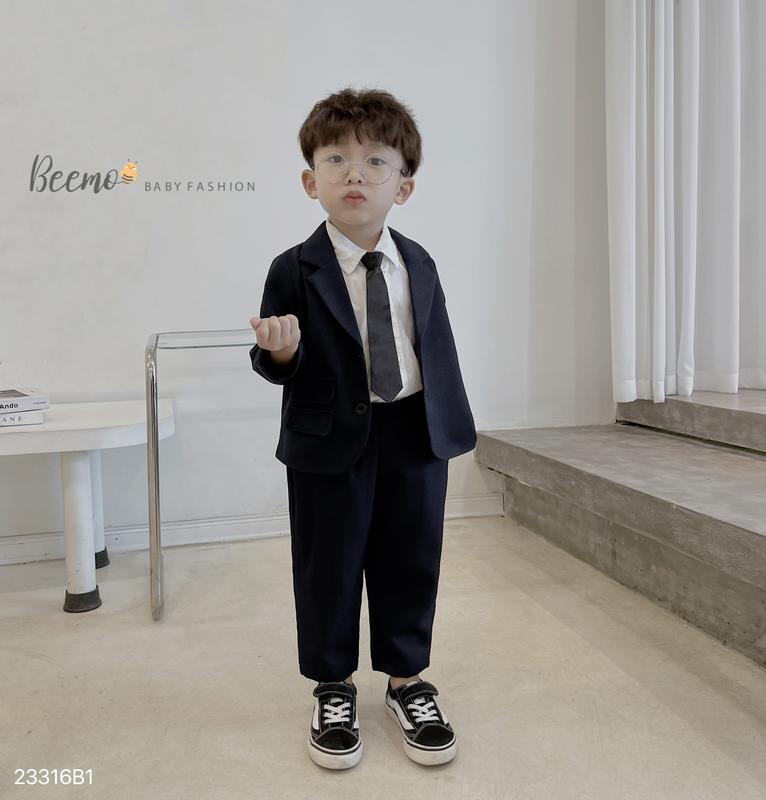 Set bộ vest dài tay  áo+quần tặng cà vạt  Beemo cho bé trai,phối áo 2 túi vải text chéo mềm mại mặc sự kiện tết 23316B1 