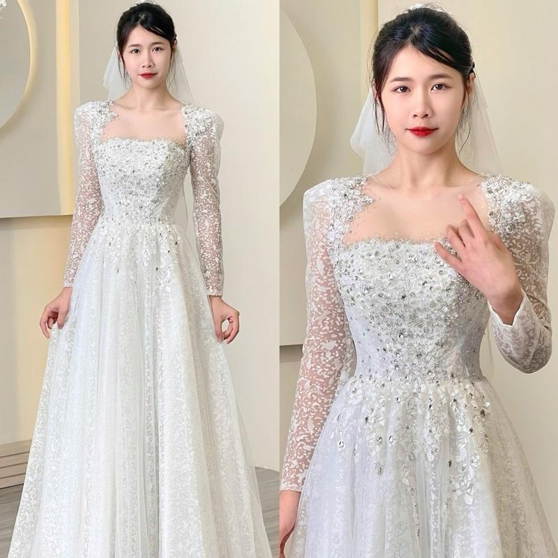 Váy đi bàn, đi tiệc dạ hội kim sa 5 lớp tay dài, vai bồng, form cao cấp Nữ Khuy Women Kem áo  cưới  tay  phồng