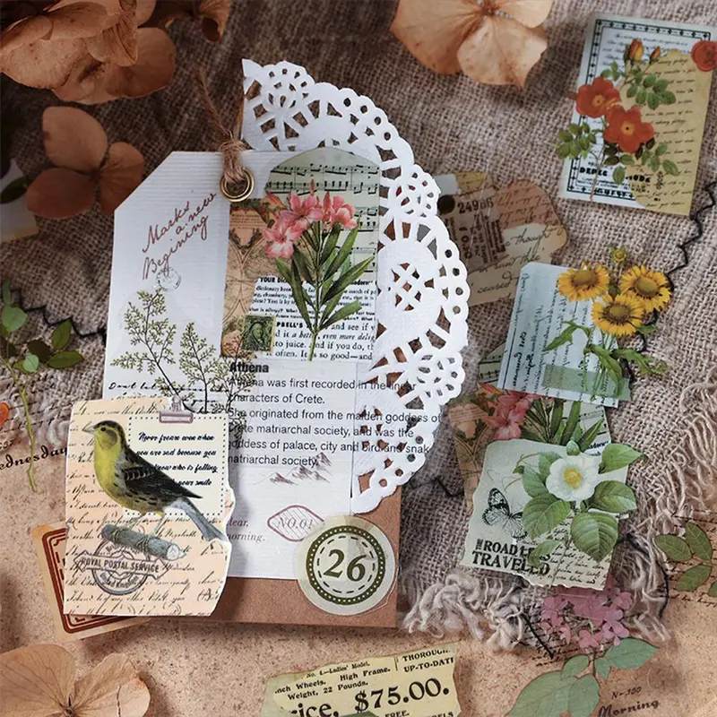 Vintage Floral & Bird Pattern Sticker Book, 20 Sheets/book Waterproof Self Adhesive Decorative Sticker, DIY Decorative Stickers for Gift Greeting Card Water Bottle Laptop Phone 3