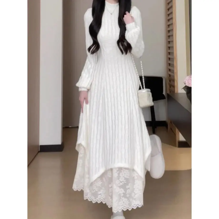 2025 New Gentle Comfortable Warm White Lace Long Sleeve Dress Spliced  A-line Dress