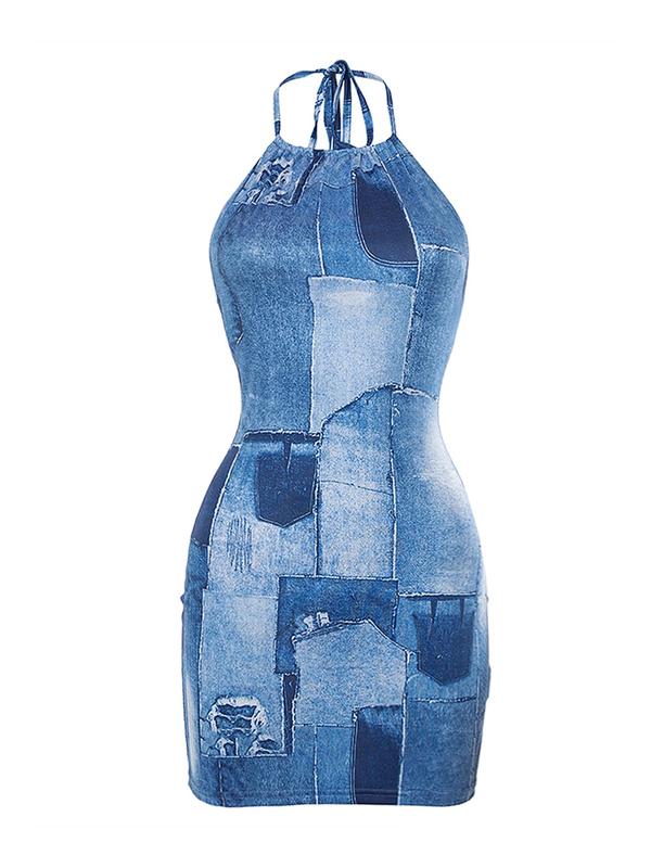 Women's Denim-effect Print Halter Dress, Fashion Casual Sleeveless Short Dress for Daily Outdoor Wear, Ladies Dress for Summer 3