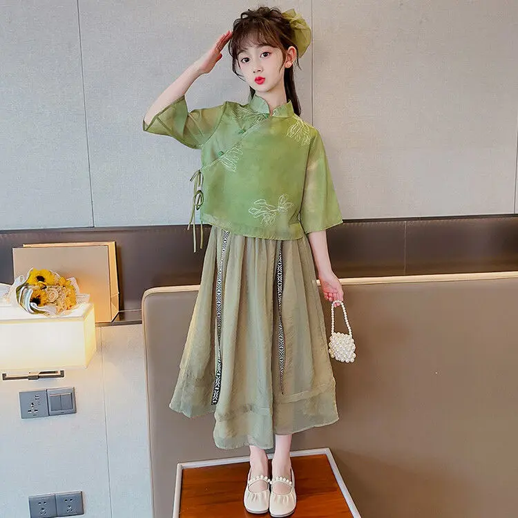 Bộ Đồ Trang Phục Hán Phục Trung Quốc Cho Bé Gái, Phong Cách Mùa Hè, Phong Cách Trung Quốc Mới, Bộ Đồ Tang Cổ Điển Cho Bé Gái Cải Tiến, Thích Hợp Cho Trẻ Em Lớn, Quần Áo Và Váy Mùa Hè, 2024