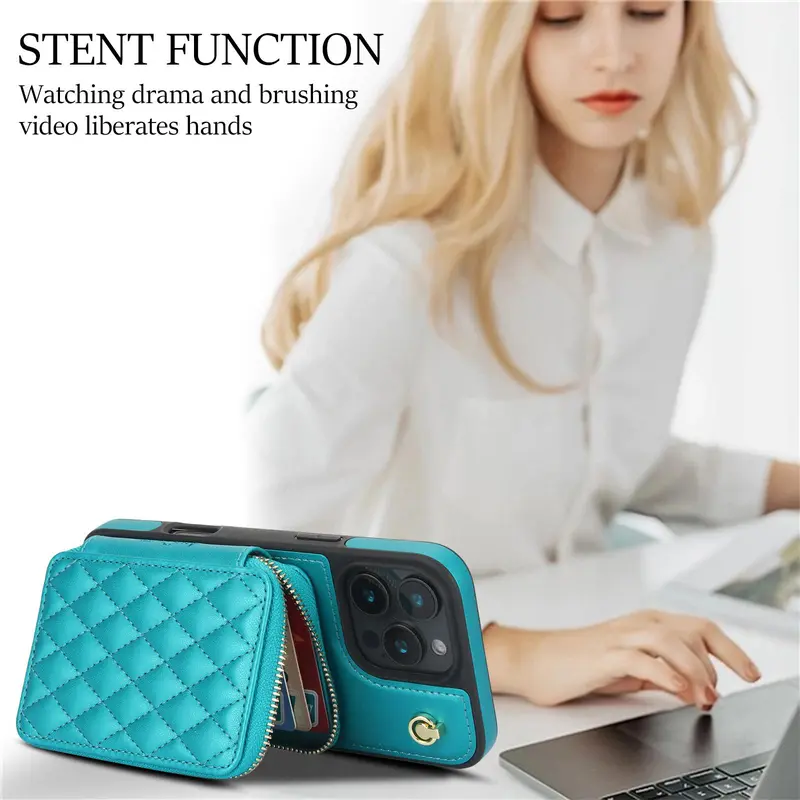 Fashionable Quilted Pattern Zipper Phone Case with Card Slot & Hand Strap, PU Leather Phone Cases for iPhone 16 Pro Max 15 Plus 14 Plus 13 12, Cover 5