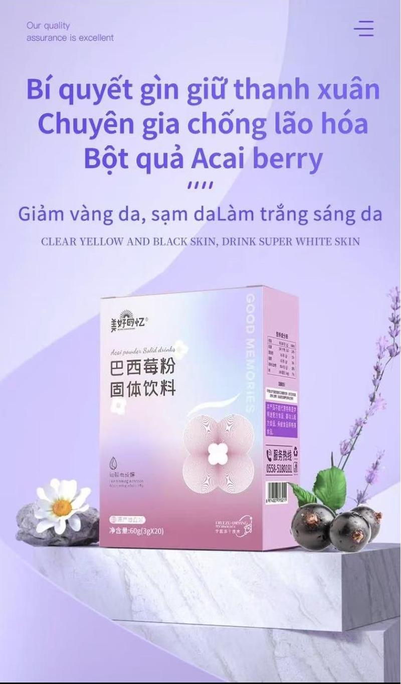 Product Introduction of 「BÃT QUÃ CHIÃT XUÃT TÃ THUC VÃT_ANH TINHI, BOT ACAI BERRY- dung pha vóncnãng ngày, vi chua ngot nhe, hóp 20 gói(3g/gói) 9