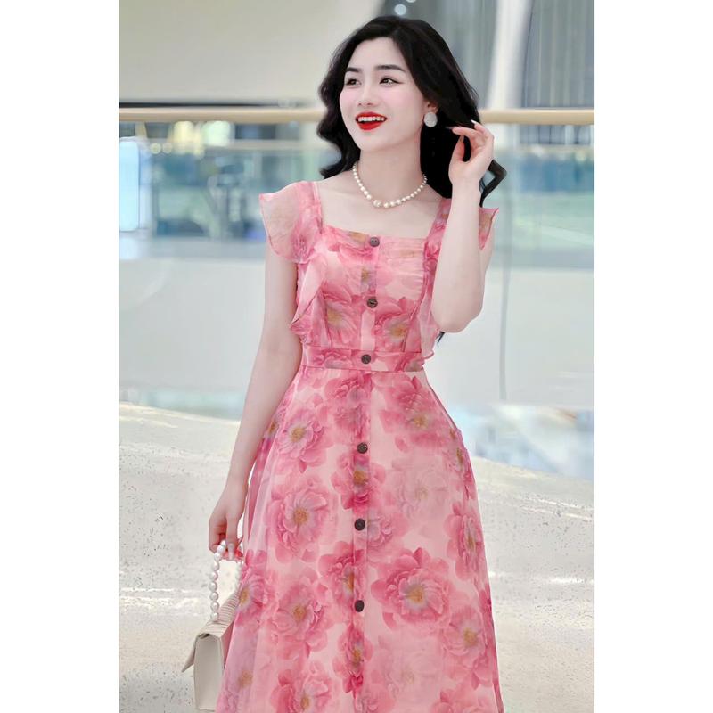 Product Introduction of Đầm Voan Hoa Thiết Kế Cổ Vuông Tay Cánh Tiên V203 Dành Cho Nữ Dưới 55kg 1
