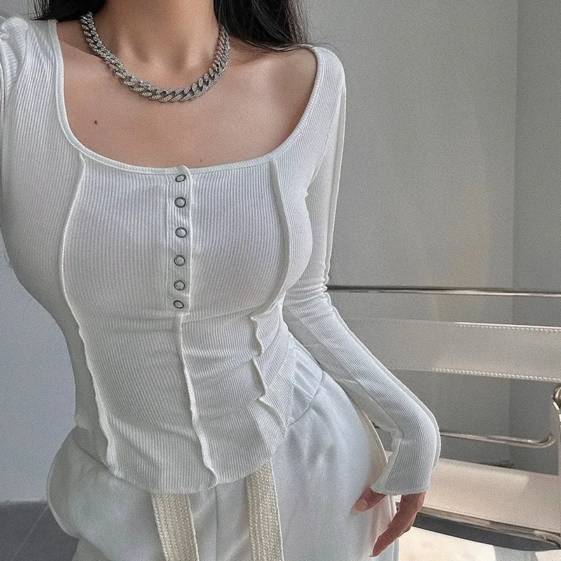 【Premium】 U Neck Long Sleeve Button Up Slim T-Shirt 7027 (S/M/L) 0