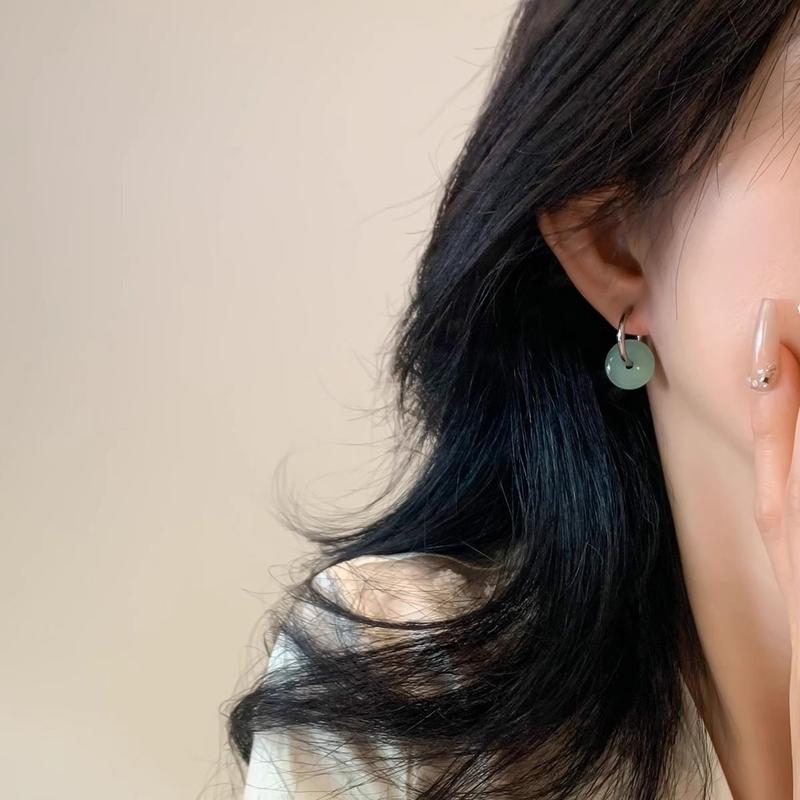 Khuyên Tai Tròn Bằng Thép Không Gỉ, Ngọc Bích Xanh Lá Cây, Dành Cho Phụ Nữ, Phong Cách Cổ Điển Và Thanh Lịch, Khuyên Tai Kẹp Tai, Đồ Trang Sức Bản To 4