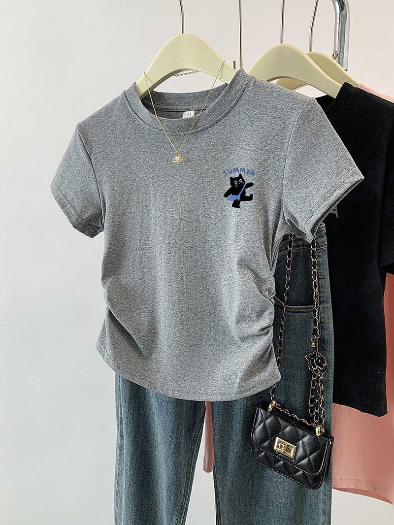 Product Introduction of Pleated design sense T-shirt women's summer new cotton waist curved hem slim short sleeve 4