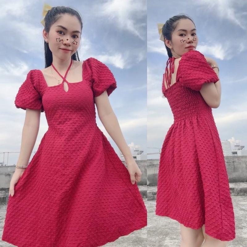 Đầm Xốp Tay Bồng Dây Cổ Yếm Tiểu Thư Nữ Dress 8