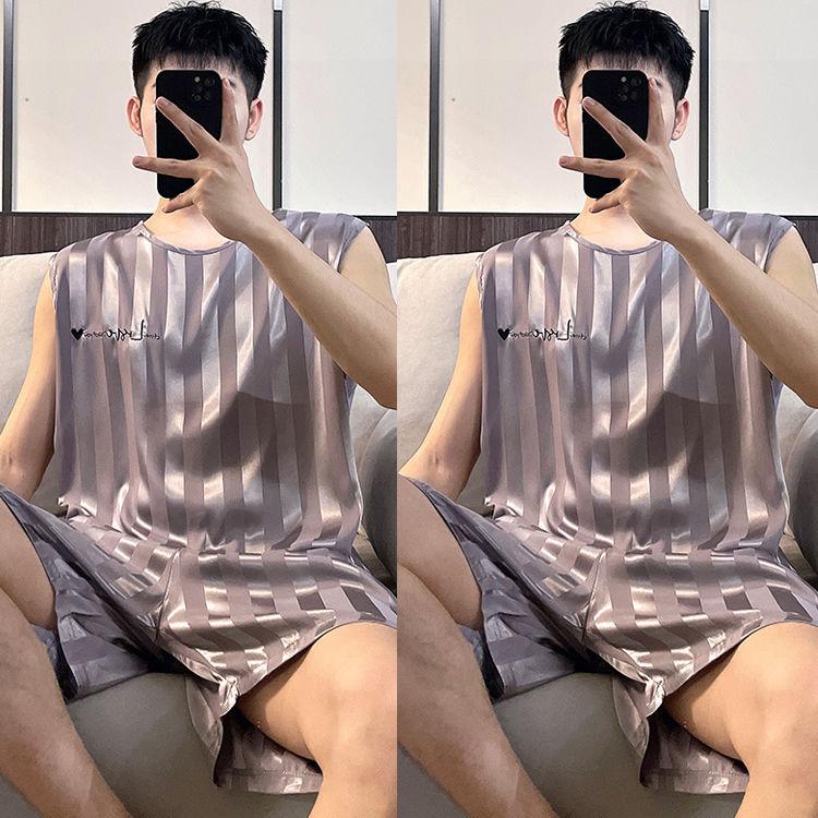 Đồ Ngủ Mùa Hè Cho Nam, Chất Liệu Lụa Lạnh Mỏng, Bộ Sưu Tập Mới 2024, Áo Vest Và Quần Đùi, Bộ Đồ Mặc Nhà, Không Tay, Ngoại Cỡ, Thích Hợp Cho Mùa Hè Menswear 2