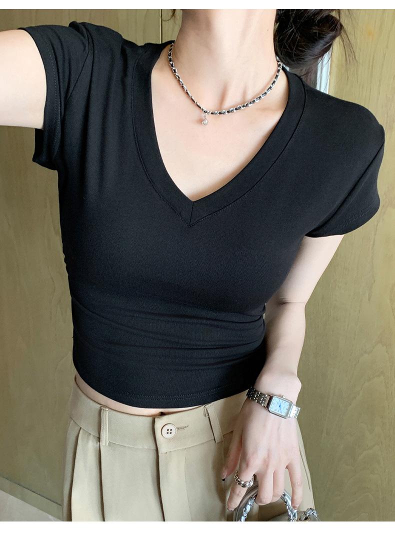 Product Introduction of Summer New Slim Fit V-Neck Short Sleeve T-Shirt for Women, Versatile Waist-Cinching Slimming High-End Top, Niche Style 23