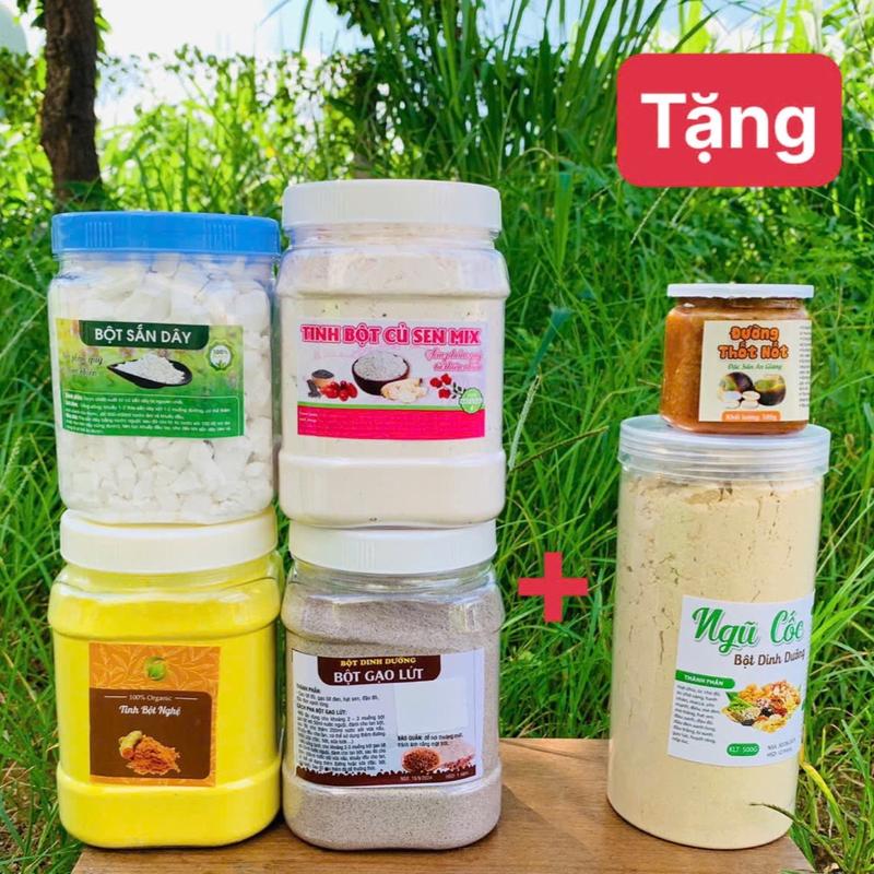 [Combo Tiếp thị] 500gr Tinh bột củ sen mix vị 500gr Bột sắn dây 500gr Tinh bột nghệ 500gr Bột gạo lứt + Tặng 500gr Ngũ cốc và 100gr Đường Thốt nốt Ba mẹ con nhf Ngọc Đồ Uống Chua