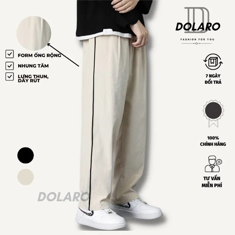 Quần ống rộng nam DOLARO nhung tăm kẻ line, quần dài dáng suông nam nữ lưng cao 0