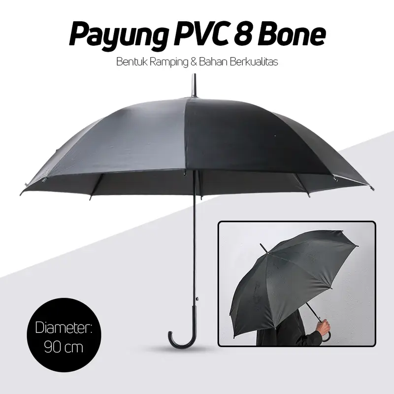 Fancytime Payung Polos PVC 8 Bone 90cm - P075 | Payung Manual Buka Tutup Anti UV Panas Matahari Hujan Polos Elegan Modis Premium Quality 0