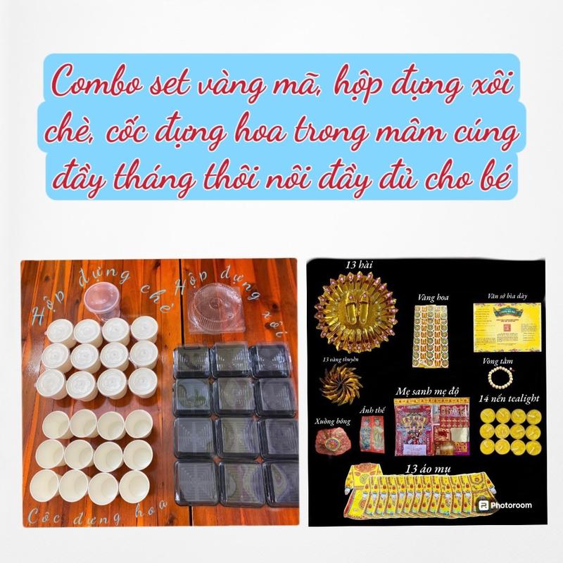 Combo set vàng mã hài váy tiền vàng, set cốc đựng hoa, set hộp đựng đựng xôi, chè trong mâm đầy tháng thôi nôi cúng 12 bà mụ và mụ chúa Tranh