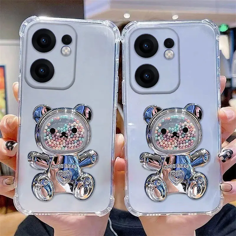 Ốp Điện Thoại Trong Suốt, Dành Cho OPPO Reno 13 F, 13 Pro, Reno13F, OppoReno13F, 4G Và 5G, Giá Đỡ Mạ Hình Gấu Cát chảy, Bốn Góc Chính Hãng Chính Thức, Ốp Chống Sốc Silicon