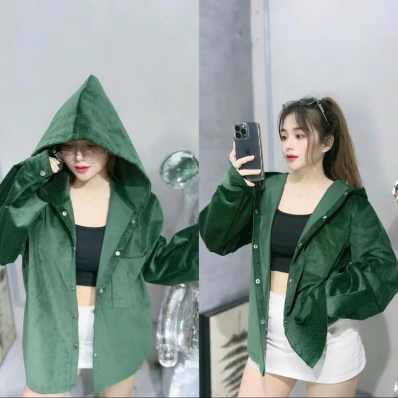 Áo Khoác Sơ Mi Chất Nhung Gân Có Nón Trùm Đầu Dành Cho Nữ