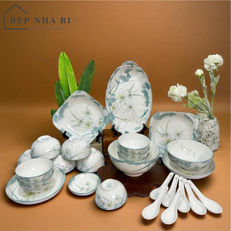 [ BepNhaRi ] Bộ Bát Đĩa họa tiết Hoa Thủy Tiên Cao Cấp  - hàng Sứ loại 1 - DECOR trang trí nhà cửa