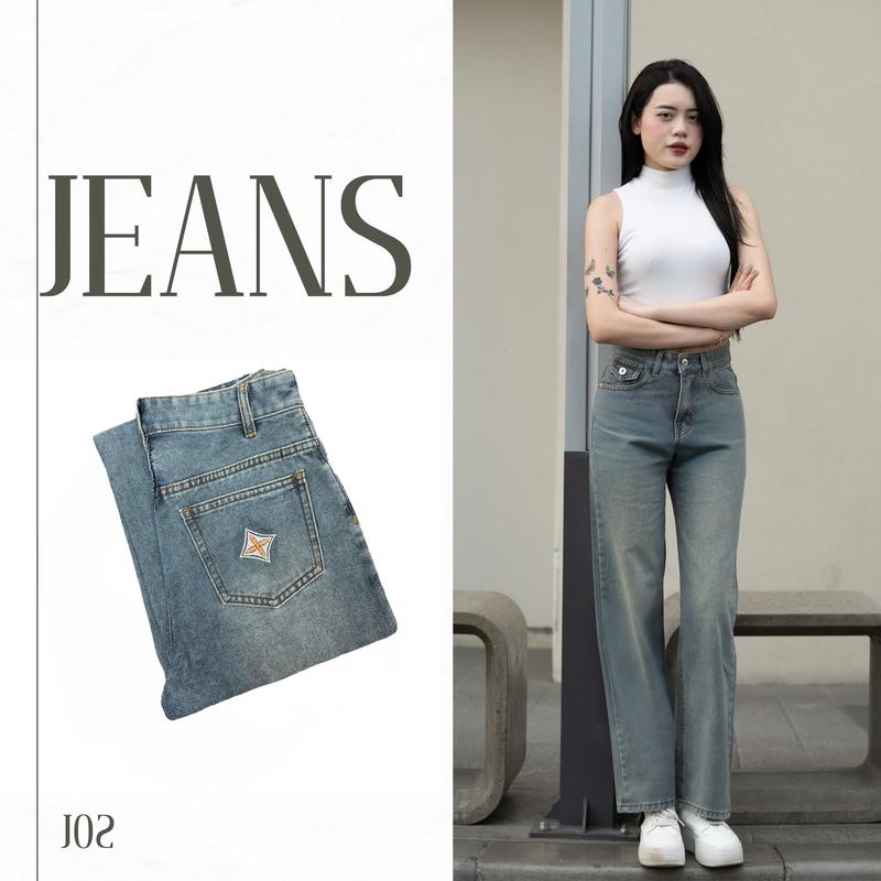 ( J - 02 ) Quần Jean Form Ống Suông ,gam màu xanh bạc , trơn basic , thiết kế nắp túi nhỏ phía trước , phía sau thêu họa tiết chỉ nổi Nữ Women Pants