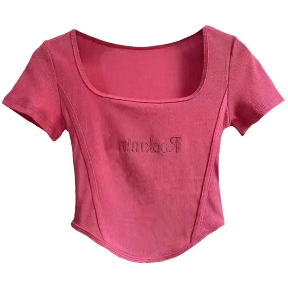 Áo Phông Thêu Chữ, Cổ Vuông, Cắt Thấp, Ngắn Tay, Dành Cho Mùa Hè Của Phụ Nữ, Gợi Cảm Babes Ngắn Mỏng, Nút Hở Áo Viền Cong