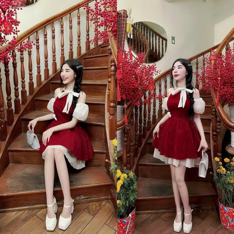  Đầm váy nữ thiết kế cổ yếm cột nơ bệt vai phối ren 2 tầng kèm hoa cài rời xinh xắn dành cho các nàng diện đi chơi đi tiệc Women Dress 