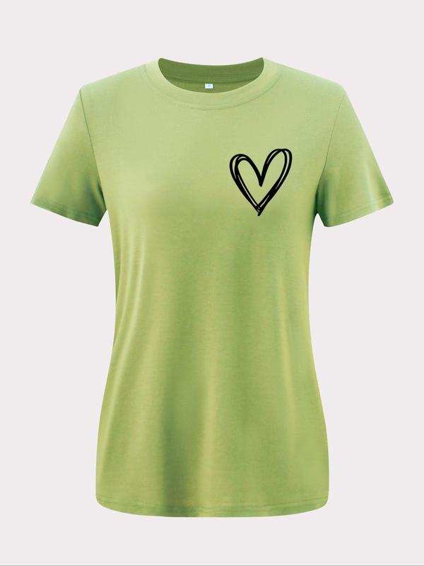 Women's Heart Print Round Neck Basic Tee, Casual Short Sleeve Crew Neck T-shirt for Summer, Fashion Women's Top for Daily Wear 2