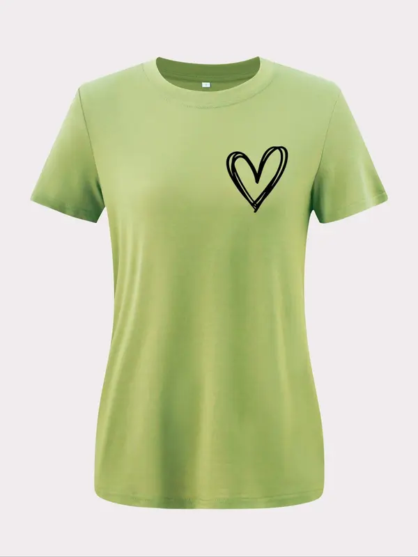 Women's Heart Print Round Neck Basic Tee, Casual Short Sleeve Crew Neck T-shirt for Summer, Fashion Women's Top for Daily Wear 2