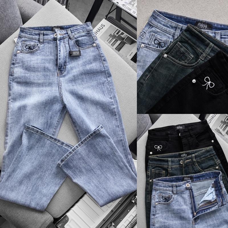 (LOE NẤM LÙN <1m58) (MINA JEANS) Quần Jean Ống Loe Nữ 9 Tất Thêu Nơ Nhỏ Trước Sau Kèm Tag Da Nơ