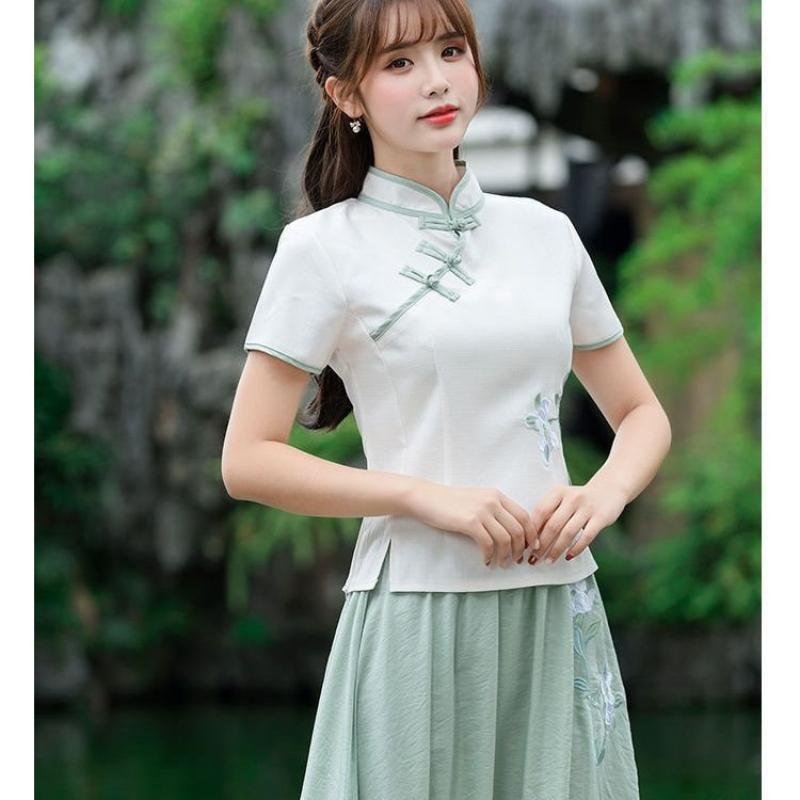 Bộ Đồ Hai Mảnh Bằng Vải Bông, Phong Cách Trung Quốc Cộng Hòa, Quần Áo Nữ, Thiết Kế Khóa Cổ Điển Chất Liệu Vải Bông Và Vải Lanh, Thêu, ngắn Tay, Thích Hợp Cho Nghệ Thuật Trà, Bộ Đồ Sườn Xám Cải Tiến 1