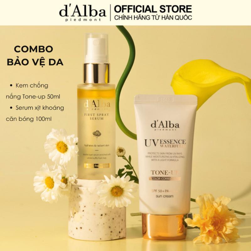Combo Kem chống nắng d'Alba nâng tông da Waterfull Tone-up Sun SPF 50+ Vs. Serum dạng xịt khoáng căng bóng da d'Alba