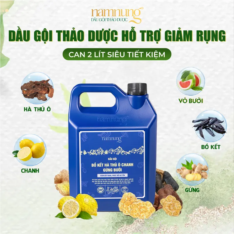 [Siêu Tiếp Kiệm] Dầu gội thảo dược NamNung, Dầu gội hỗ trợ giảm rụng, giảm gàu, phục hồi tóc can 2 lít siêu tiết kiệm, chiết xuất thiên nhiên Bồ kết hà thủ ô Chăm sóc tóc Dưỡng tóc nữ 1