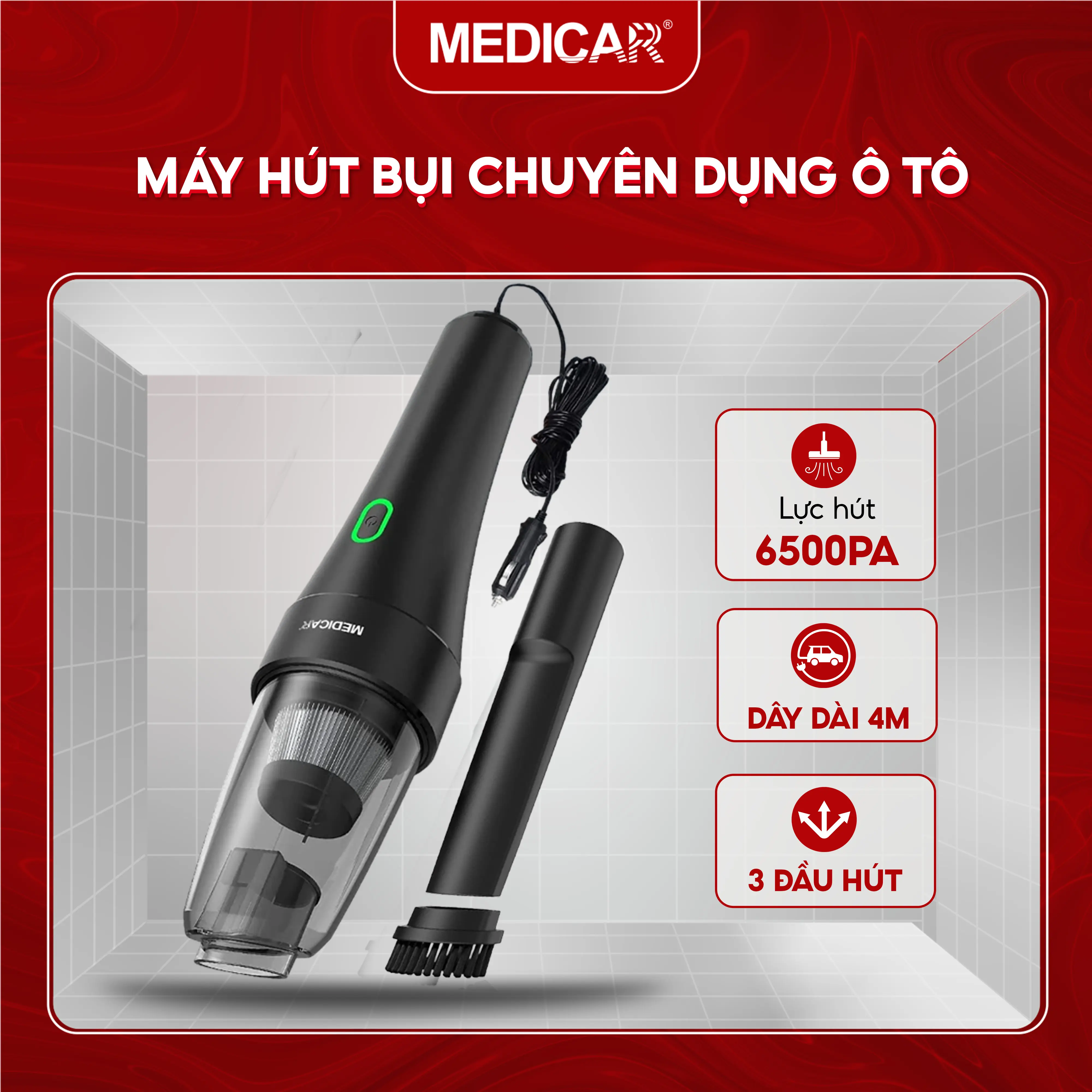 Máy Hút Bụi Ô Tô Có Dây MEDICAR - Lực Hút Mạnh - Cắm Tẩu 12V - Bộ Lọc HEPA Cao Cấp Giặt Và Tái Sử Dụng Được, Vòi Hút 2 Trong 1
