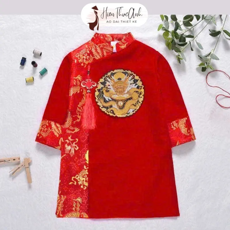 Áo dài cách tân bé trai bigsize thêu Mặt Rồng Phối Gấm tròn ngực kết hợp với khánh HTA305 - Áo dài Hiền Thục Anh 0