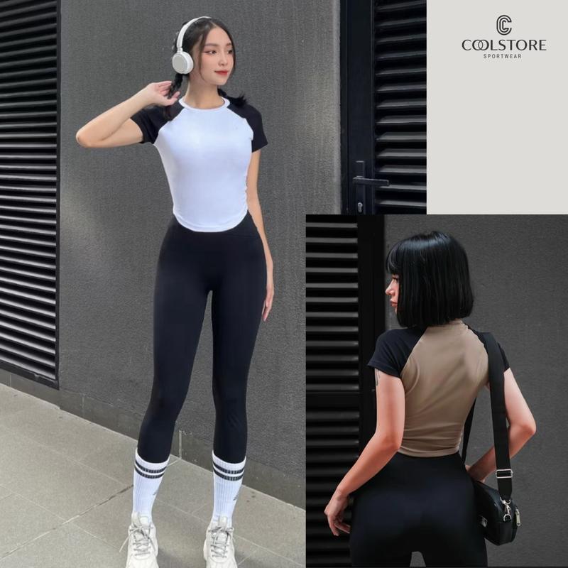 Áo croptop vạt bầu Cotton spandex ôm body dệt mịn có tay phối màu tập Thể thao gym yoga chạy bộ Coolstore