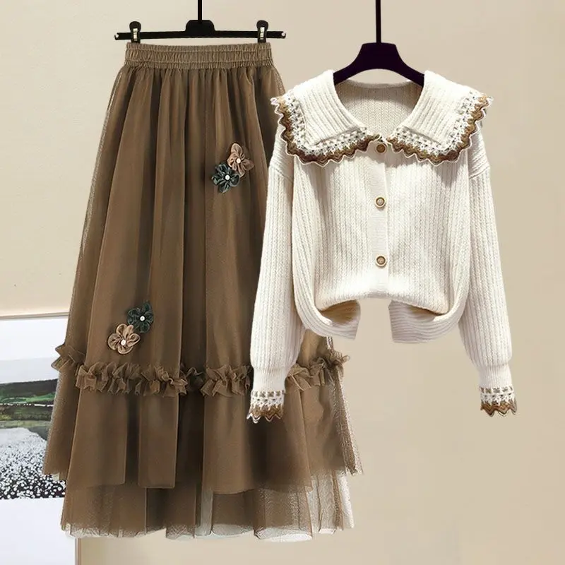 Autumn and Winter plus Size Suit Women's New Style Fat Sister Western Style Knitted Sweater Mesh Skirt Two-Piece Set Clothing Womenswear