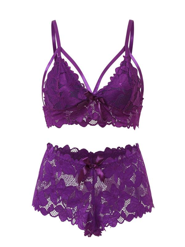 【Plus Size】 Bow Decor Lace Bra & Scallop Trim Brief Boxer Set, Naughty Lingerie, Push Up Lingerie & Sheer Panty, Underwear Set Super Push Up Bra, Festival Wear 2024, 2 Piece Set for Girls Women, Bralettes Top & Bottoms Set, Fall Clothes 4