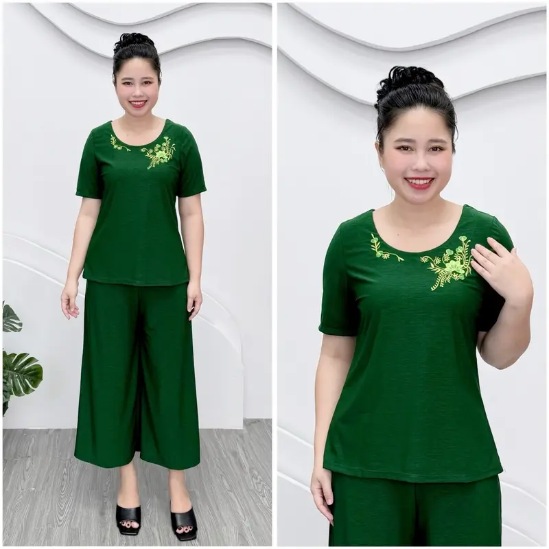 T65 Đồ bộ trung niên, set bộ cho mẹ thun aty mỹ mềm mát, quần ống rộng 9 tấc, 50-85kg Nữ Áo Women Nhung 1