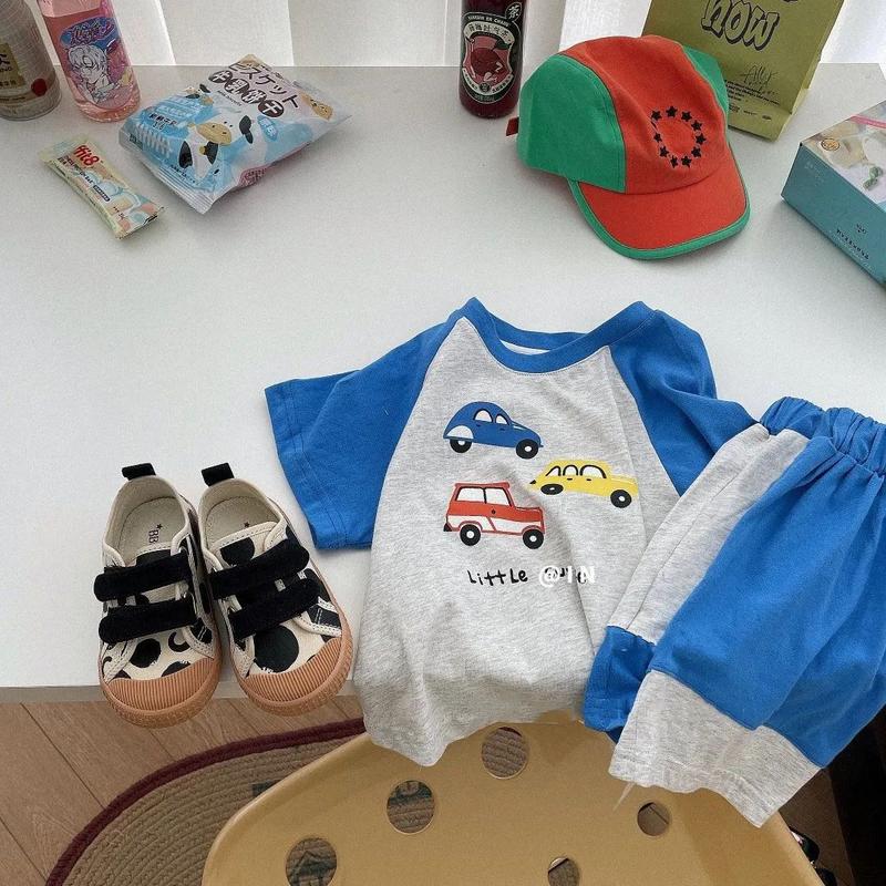 Bộ Đồ Cotton Mùa Hè Cho Trẻ Em, Bộ Sưu Tập Mới 2024, In Hình Hoạt Hình, Ngắn Tay, Cho Bé Trai Và Bé Gái, Quần Đùi Màu Tương Phản, Bộ Hai Mảnh 1