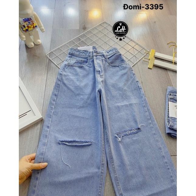 Product Introduction of Quần jean ống rộng nữ rách gối 2 line cạp cao Lê Huy Fashion màu xanh đậm MS 3395 7